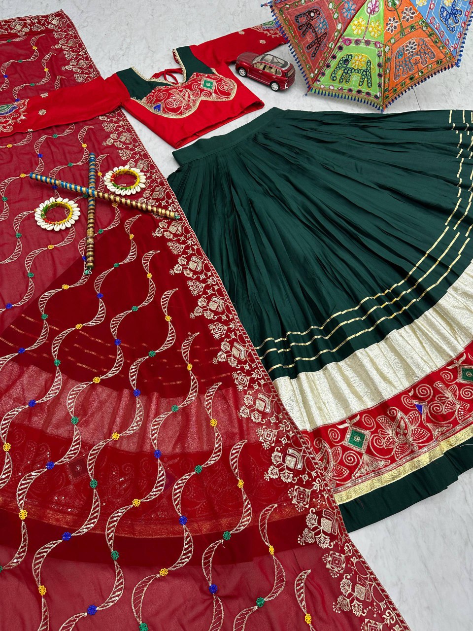 Green pure cotton embroidered sequins work lehenga choli