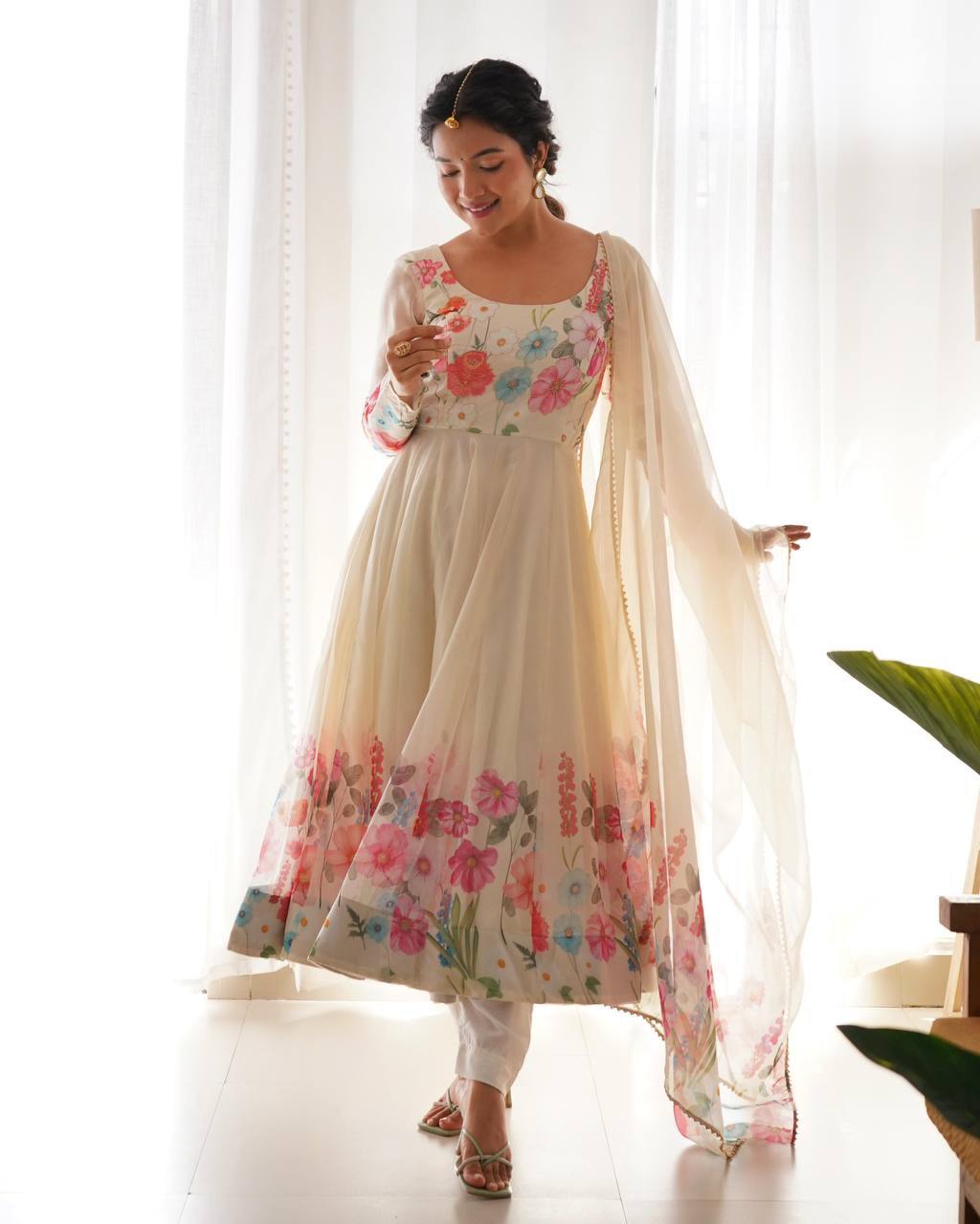 Darshika white organza floral printed Anarkali suit set