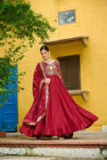 Maroon silk gown with multi thread zari embroidery and dupatta