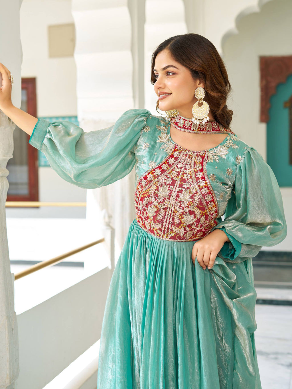 Ritu sea green Fendy silk gown with sequins thread embroidery and dupatta