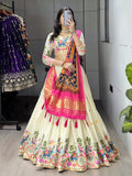 Off-white cotton embroidered lehenga with pink Gaji silk dupatta