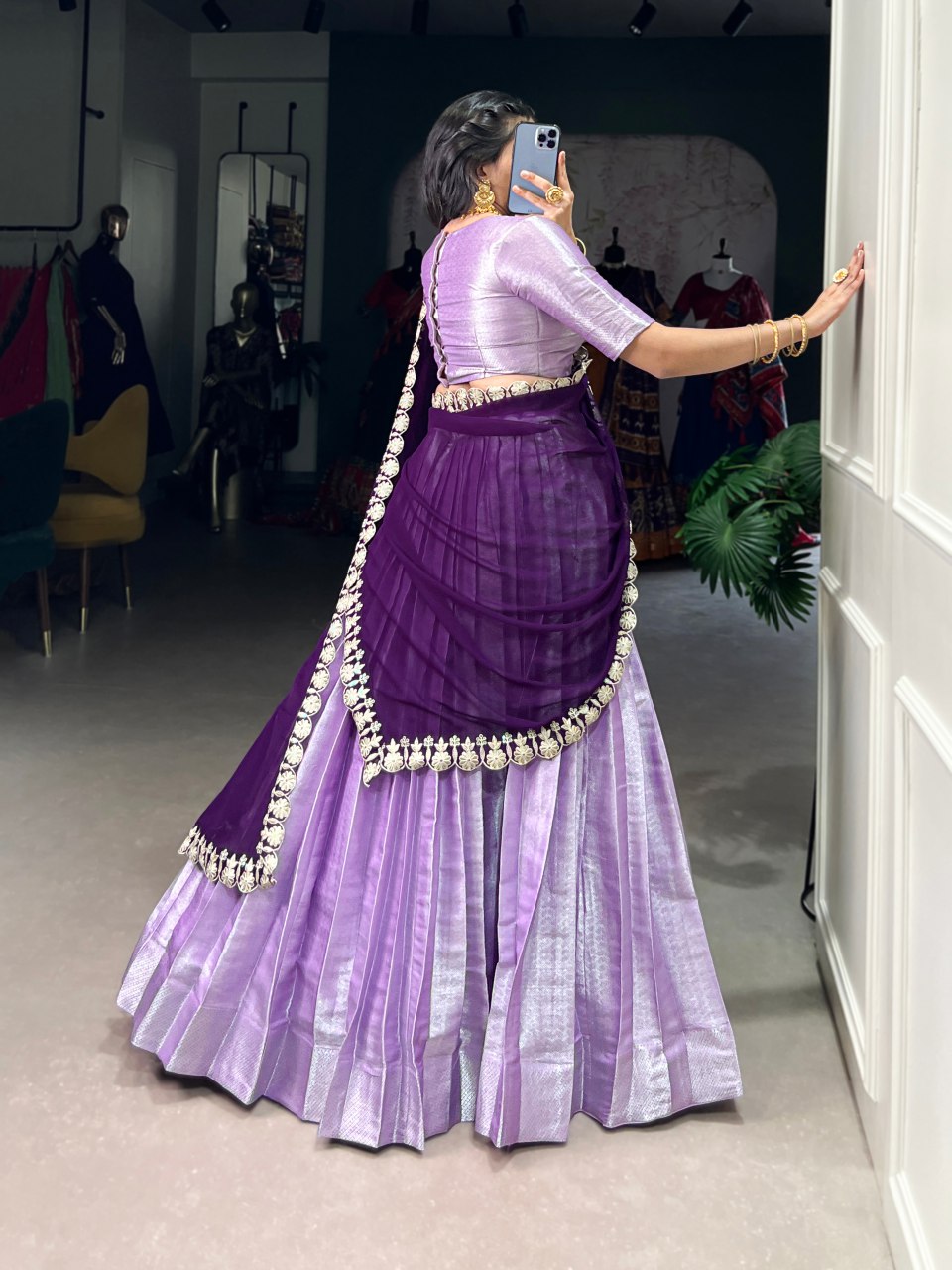 Lavender jacquard silk lehenga choli with embroidered dupatta