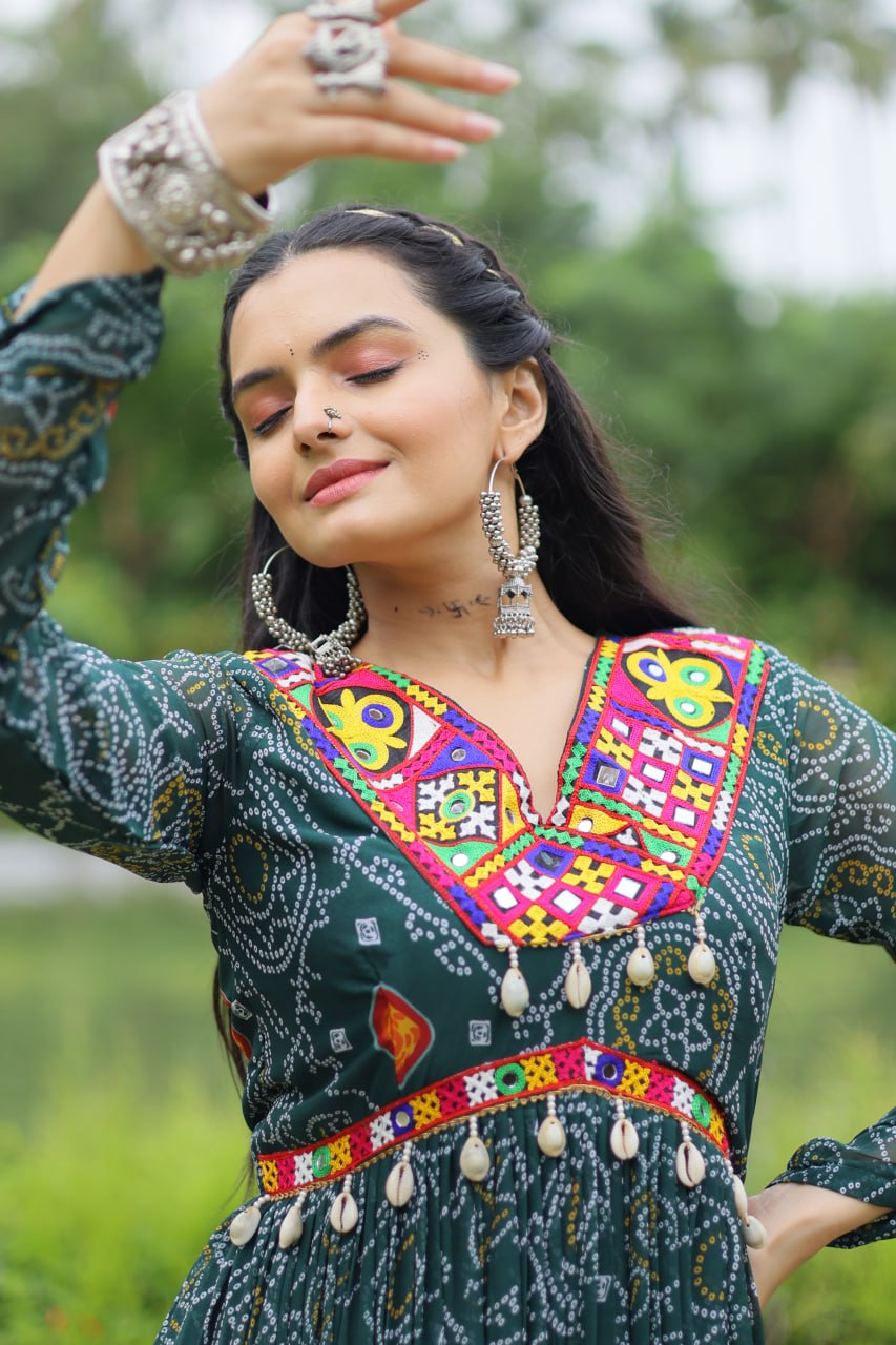 Dhruvi green georgette bandhani printed Navratri gown