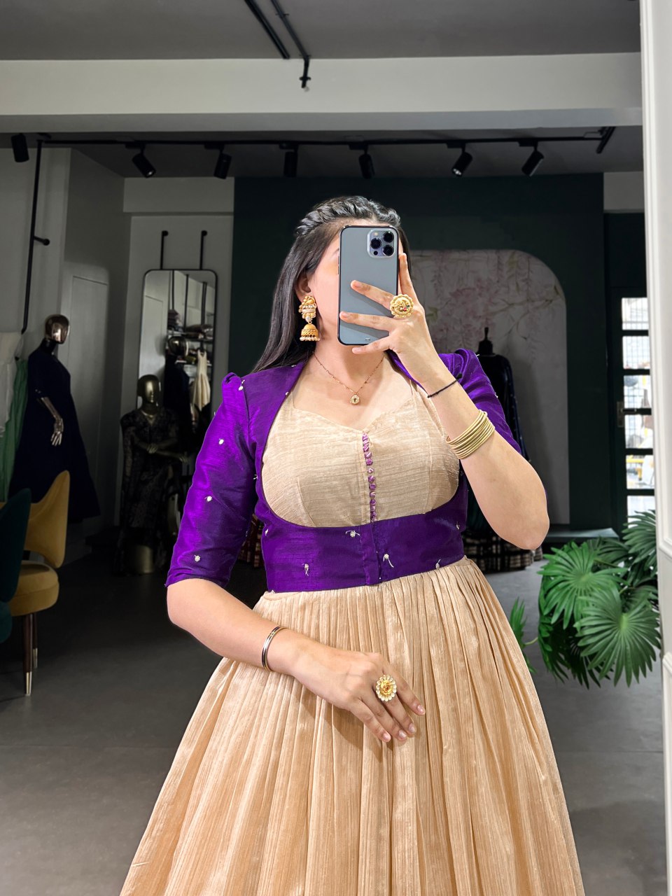 Beige silk printed gown with embroidered koti for wedding functions