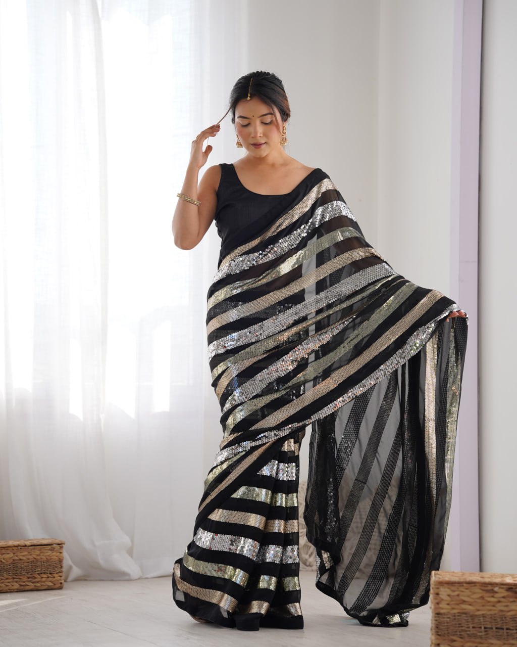 Black georgette sequin embroidered Kira designer saree