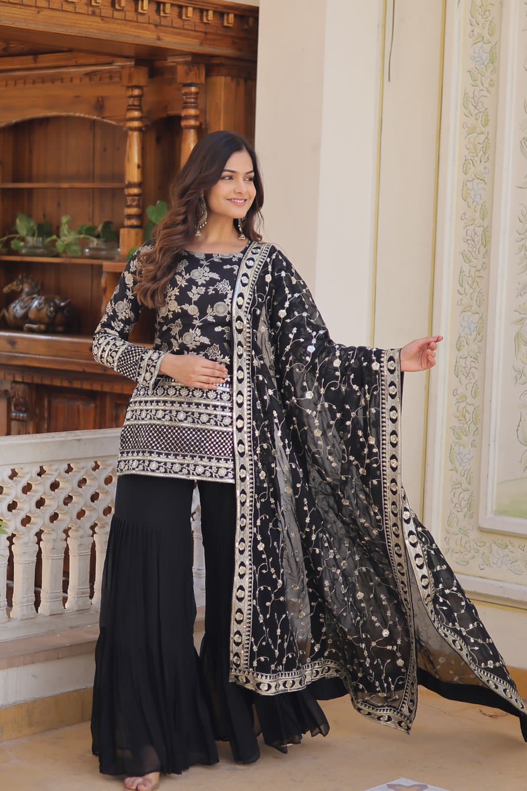 Rambha viscose jacquard sequins kurti sharara set