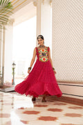 Pink faux georgette Bandhani print Kutchi patch mirror work gown