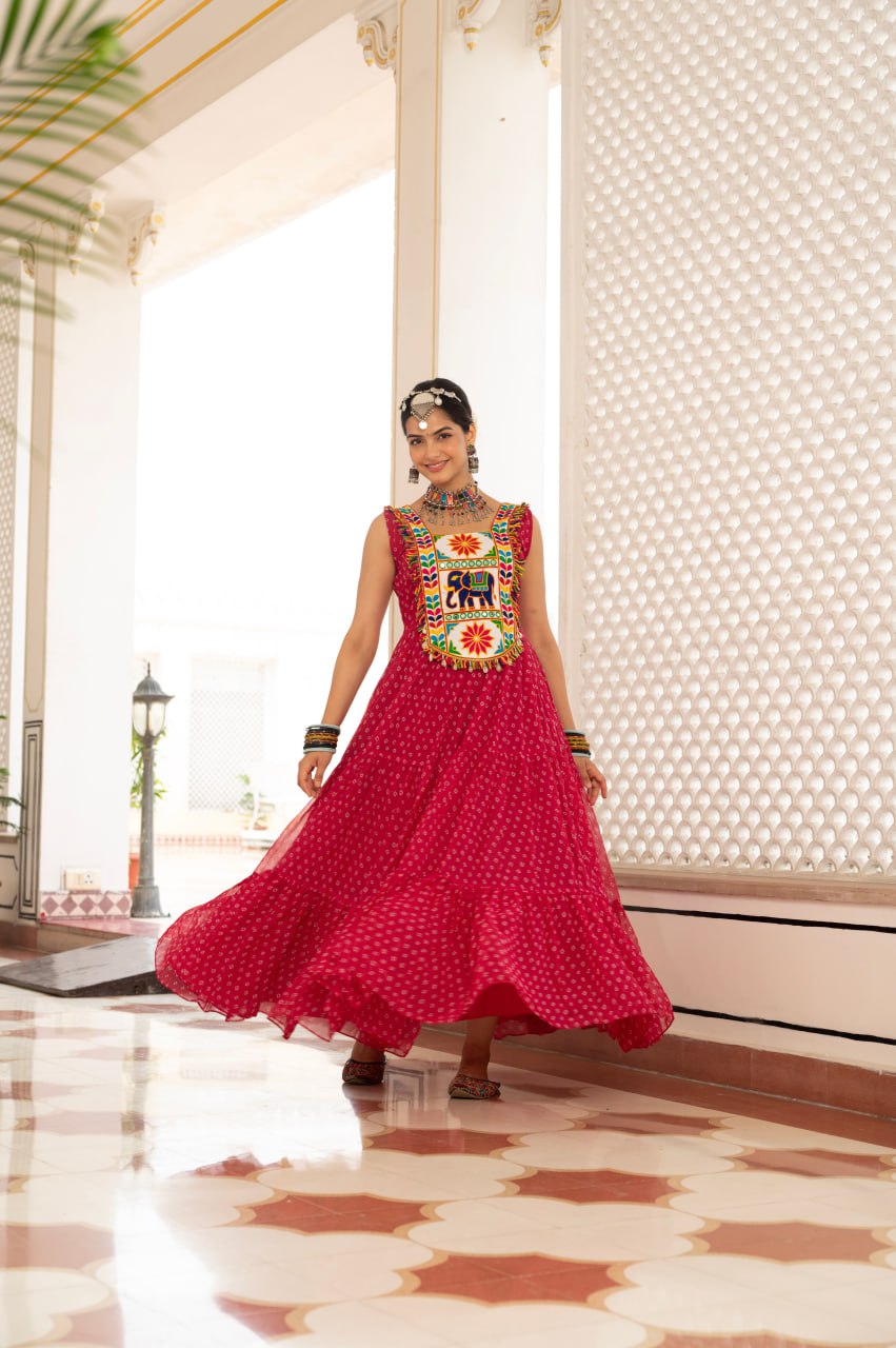 Pink faux georgette Bandhani print Kutchi patch mirror work gown