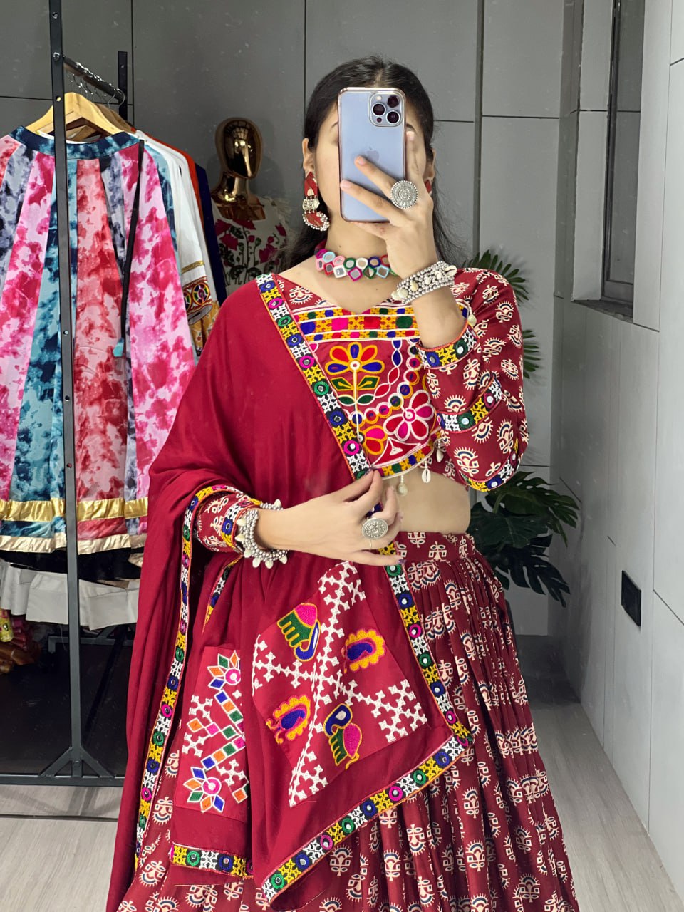 Maroon rayon cotton lehenga choli with Ajrakh print and mirror work