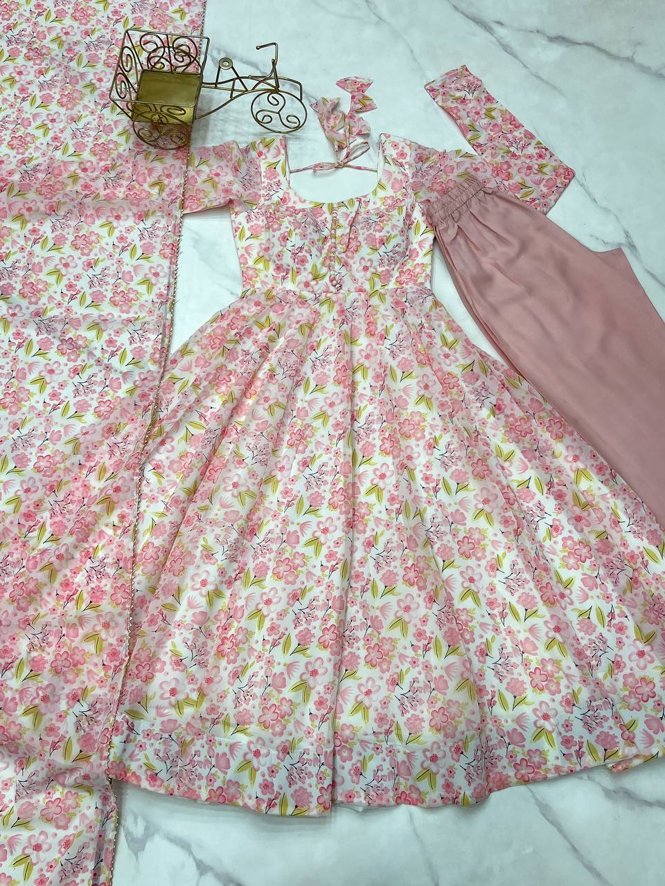 Pink orange chiffon floral Anarkali suit for wedding functions