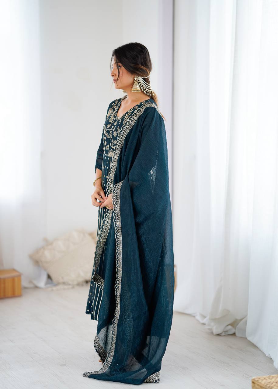 Teal green crunchy silk embroidered Anarkali suit set