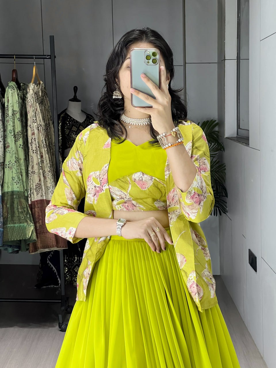 Alka neon yellow georgette foil printed lehenga choli with koti jacket
