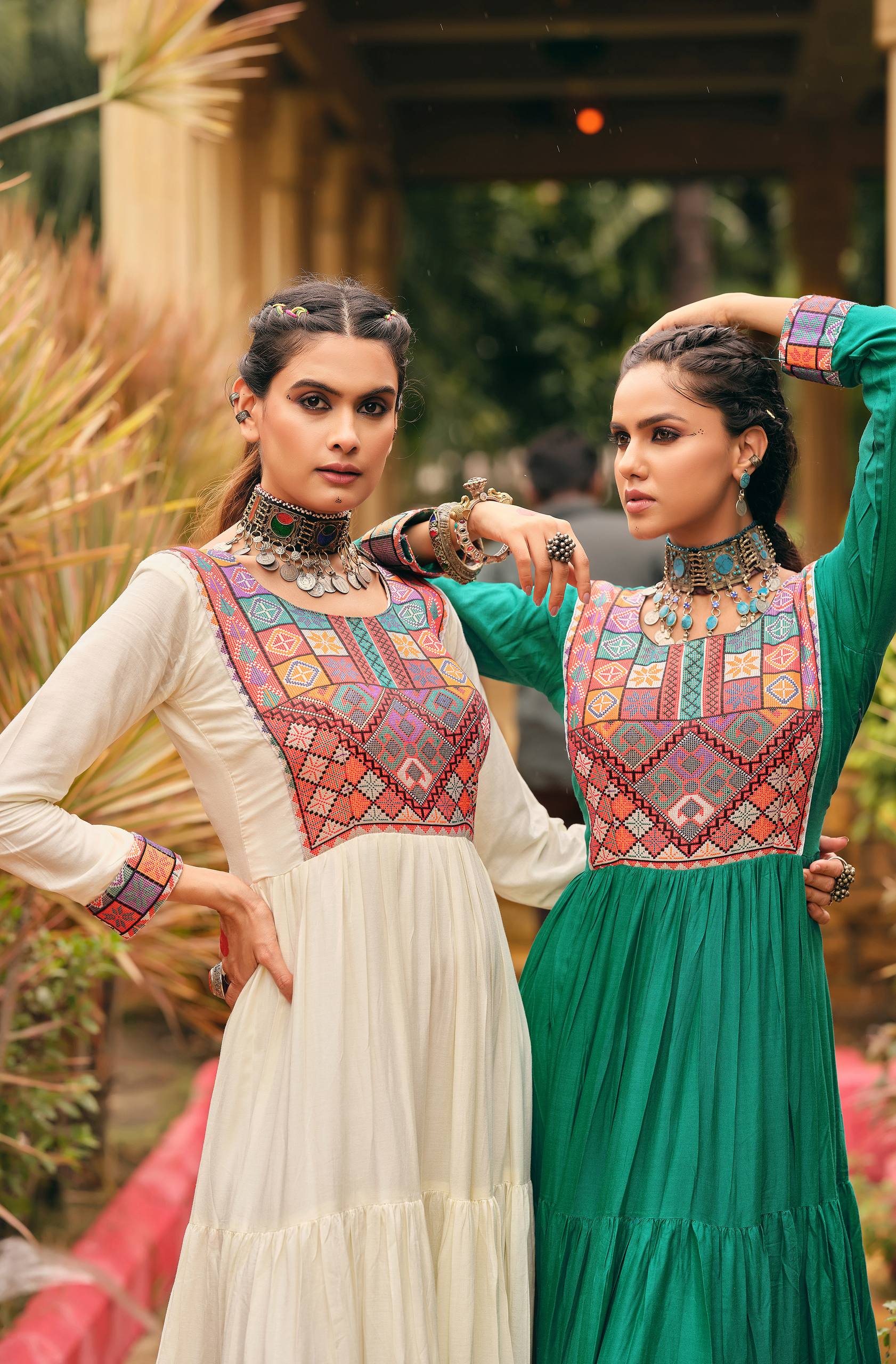 Emerald green pure rayon Gamthi jacquard weaving lace border ruffle flair gown