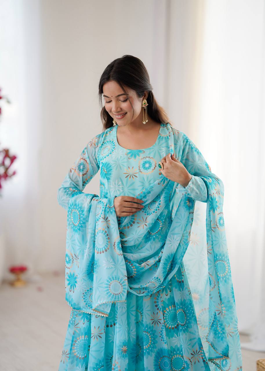 Sky blue georgette floral printed Anarkali suit for women