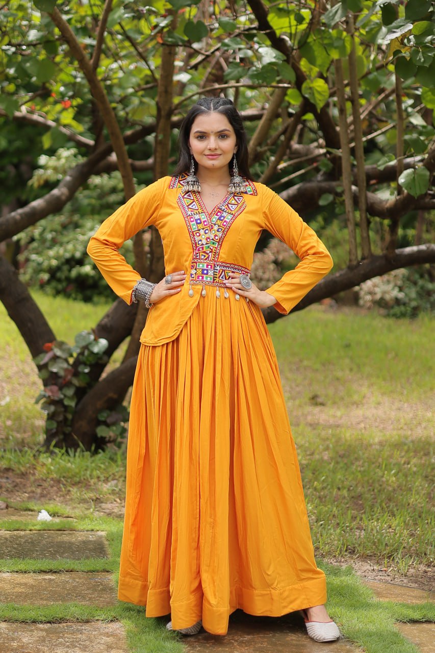 Yellow rayon Kutchi Gamthi embroidered Misty Navratri gown