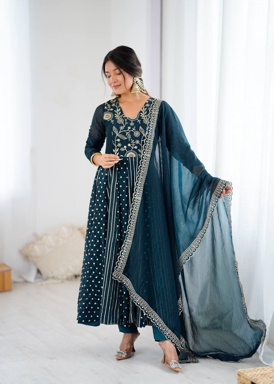 Teal green crunchy silk embroidered Anarkali suit set