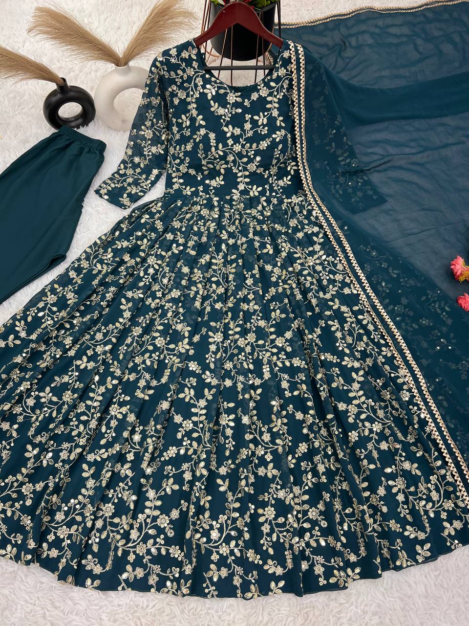 Janvika blue embroidered georgette Anarkali suit set