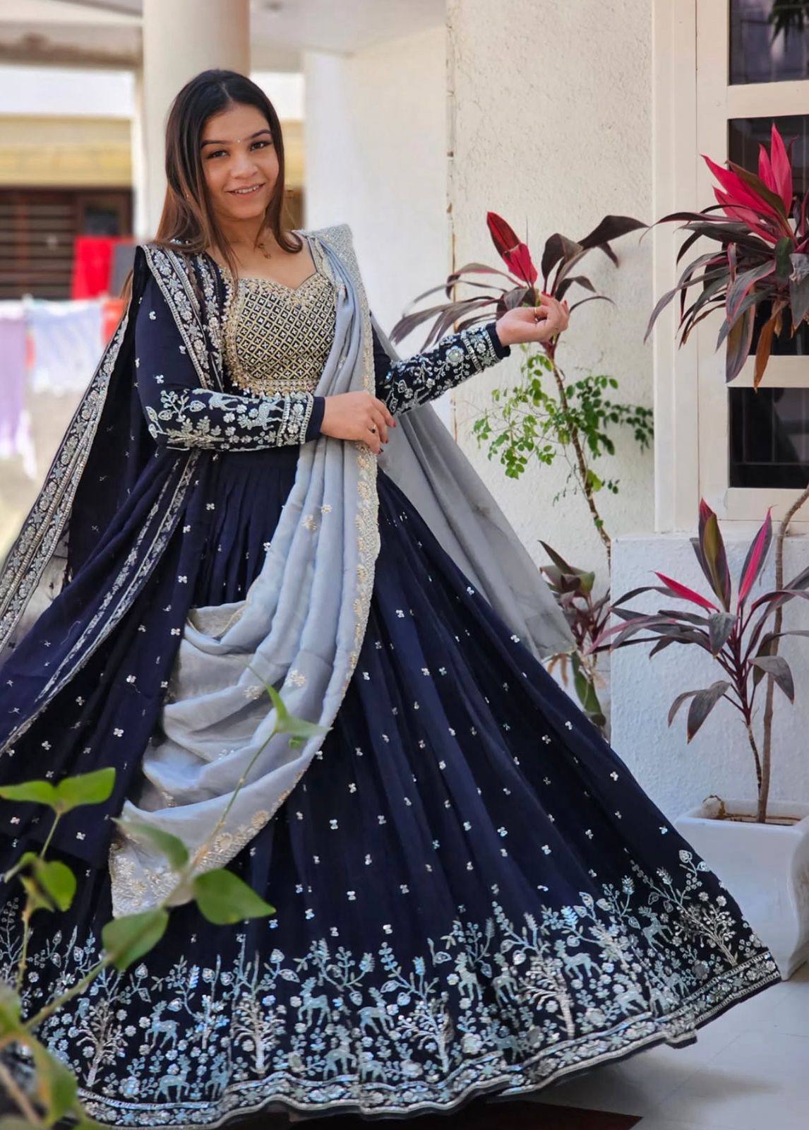 Navy Blue Fox Georgette Heavy Embroidered Designer Lehenga Choli with Dupatta