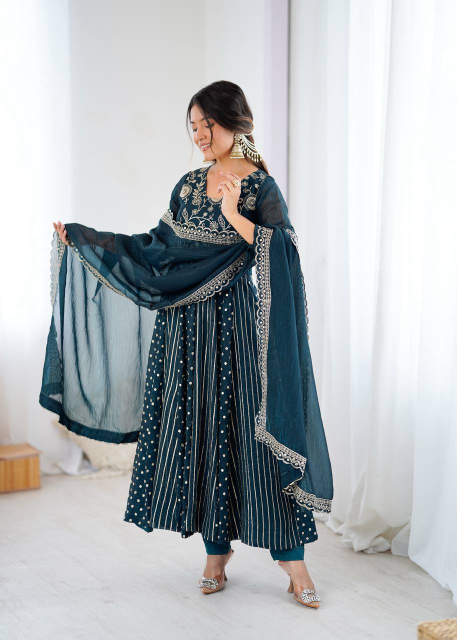 Teal green crunchy silk embroidered Anarkali suit set