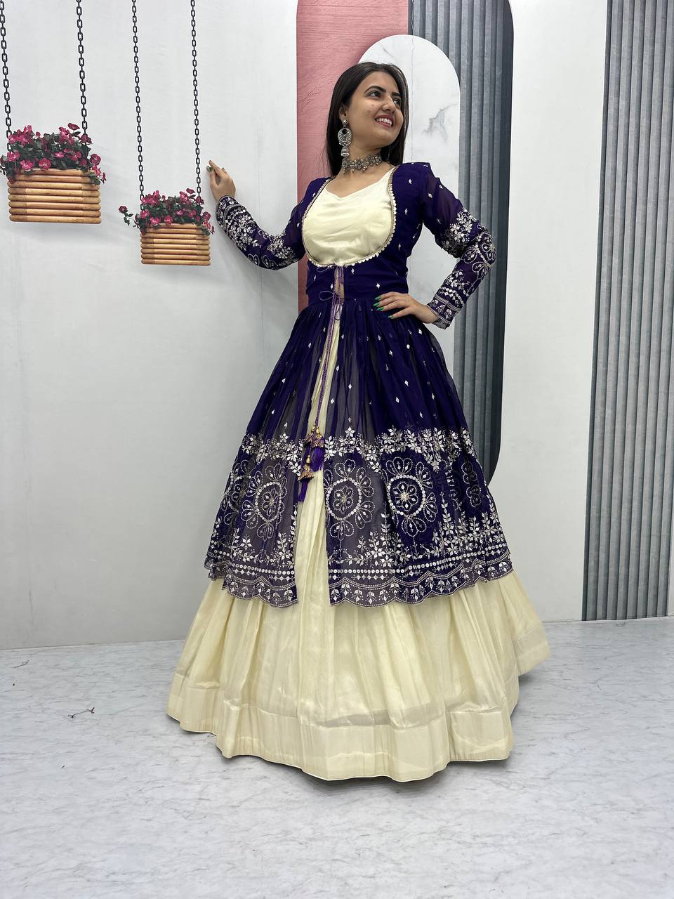 Tulika navy blue Cosmos silk lehenga choli with heavy thread and sequins work with shrug