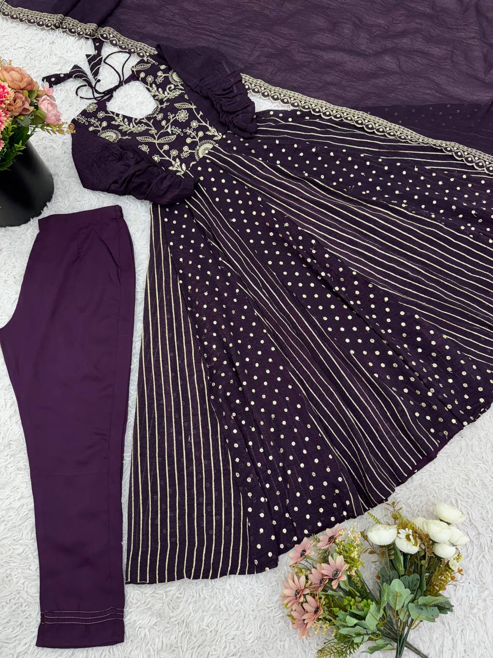 Purple traditional silk Anarkali suit set for women