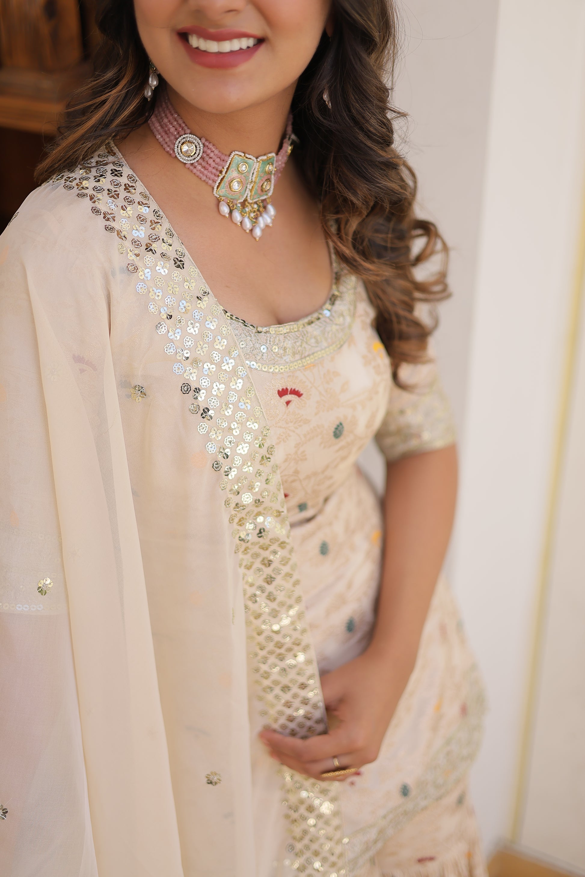 Krishnapriya off white viscose embroidered kurti gharara set