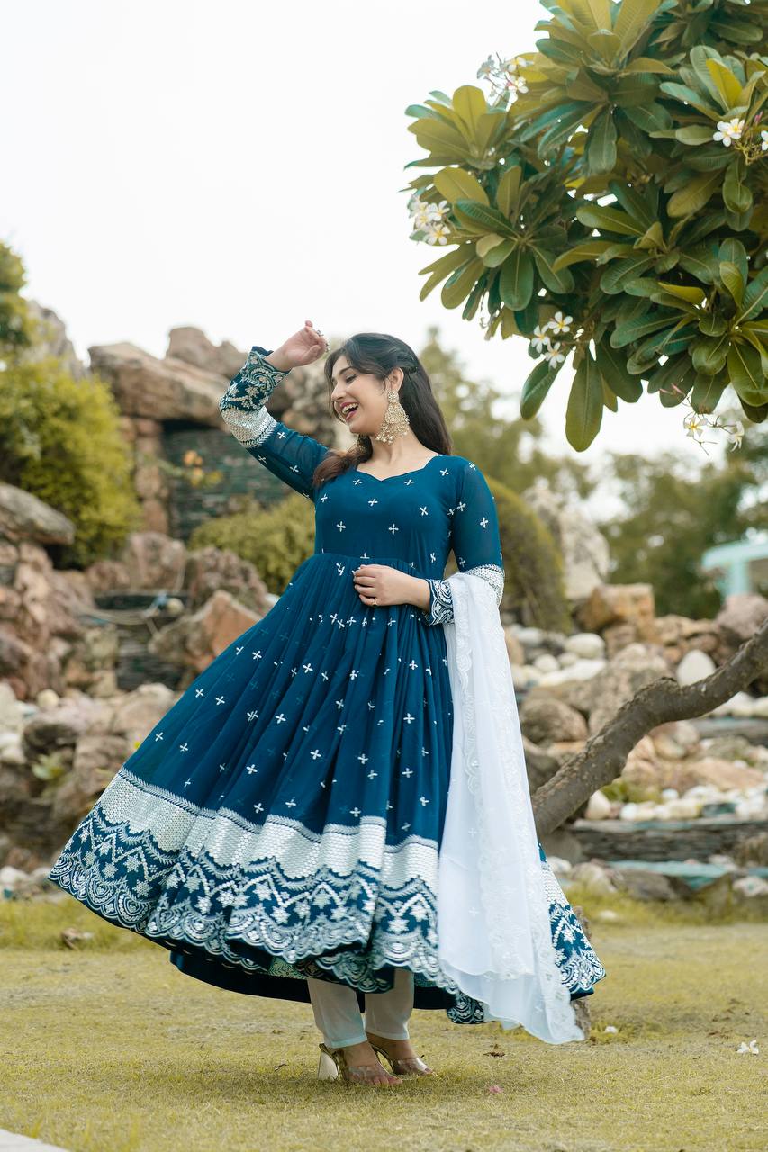 Blue georgette embroidered Nivriti designer Anarkali suit