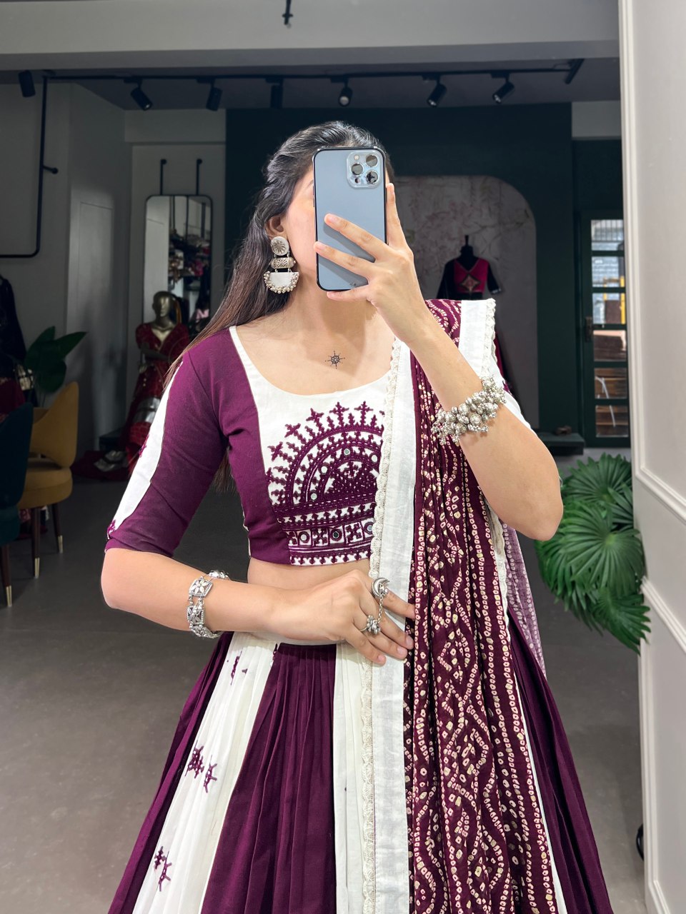 Wine pure cotton mirror Gamthi work lehenga choli with Bandhej print dupatta
