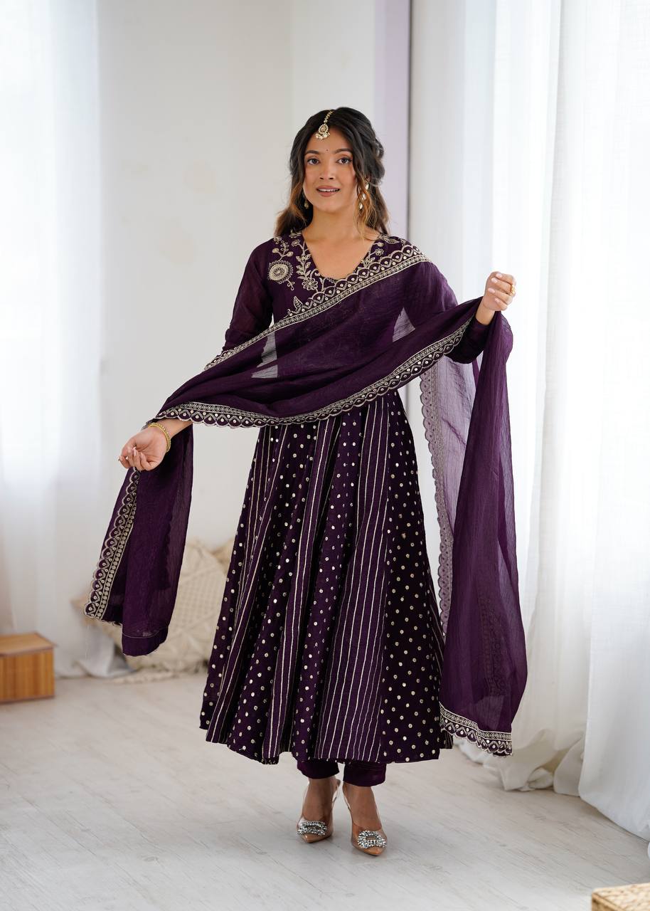 Purple traditional silk Anarkali suit set for women