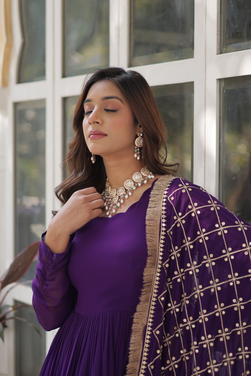 Avishka purple embroidered anarkali gown set