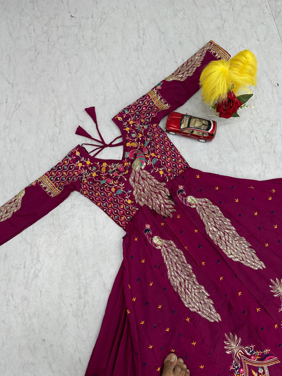 Mani magneta Vichitra silk crop top peacock design lehenga with embroidered shrug
