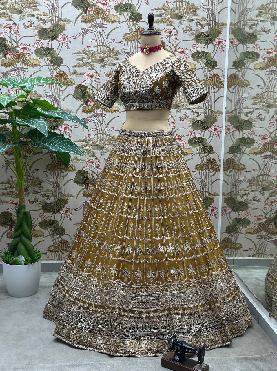 Brown net sequins embroidered designer lehenga choli with dupatta