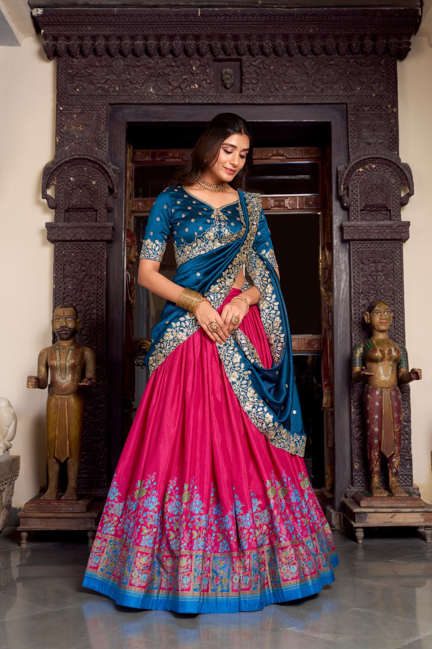 Blue tussar silk foil print lehenga choli with embroidered dupatta