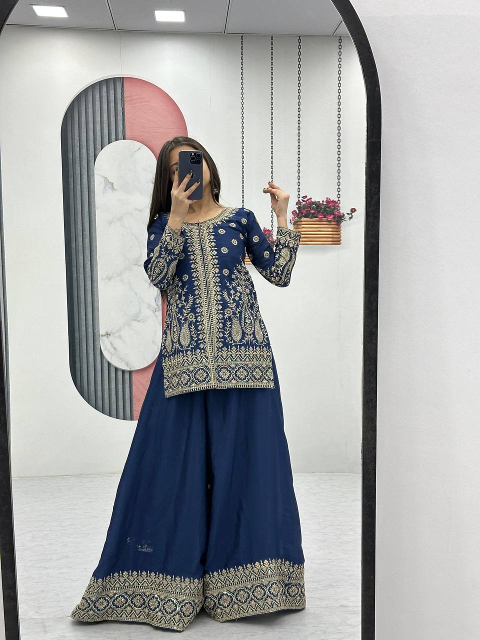Enya blue Chinon kurti palazzo set with thread sequence embroidery work
