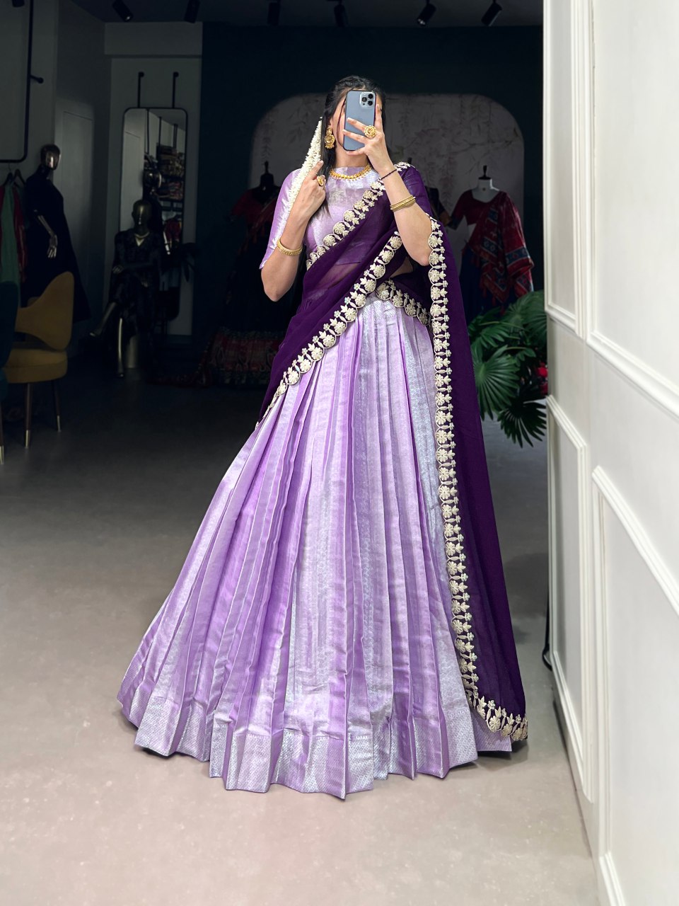 Lavender jacquard silk lehenga choli with embroidered dupatta
