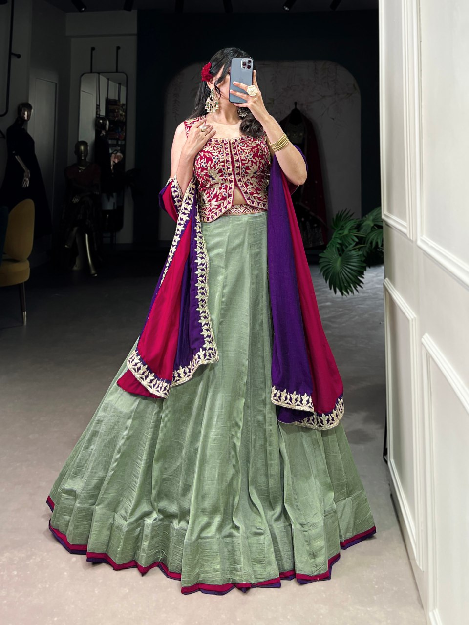 Vijyeshwari green silk sequins embroidered lehenga choli