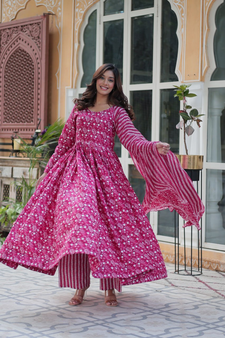 Pink cotton Mahi designer Anarkali suit with dupatta