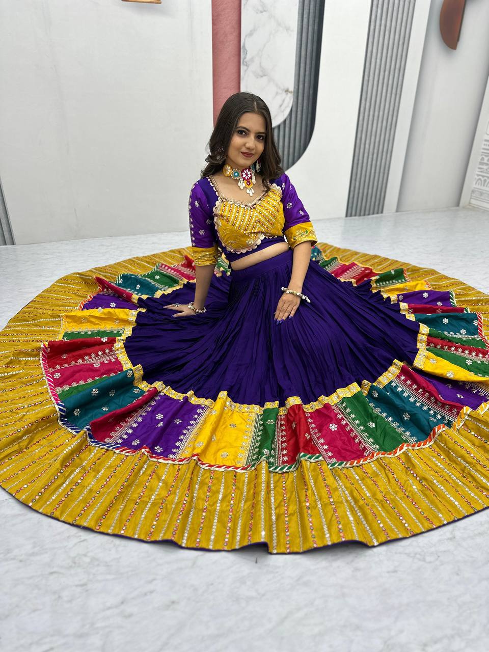 Purple pure cotton lehenga choli with embroidered sequins work and dupatta