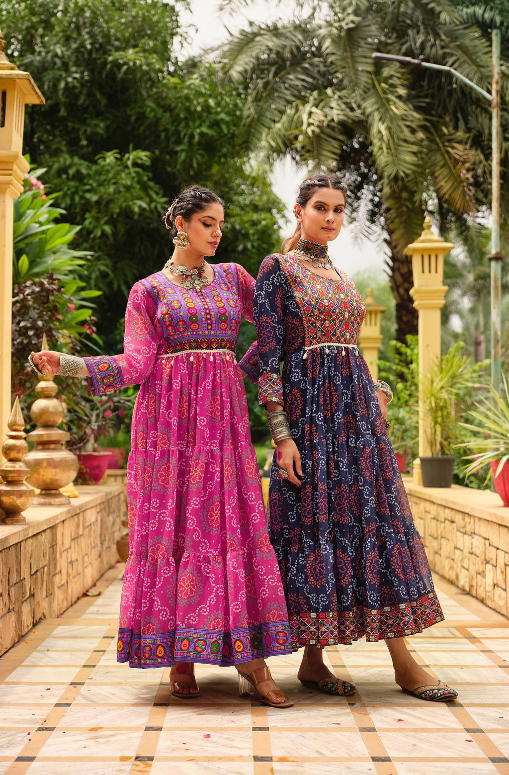 Navy blue faux georgette Gamthi jacquard weaving lace border ruffle flair gown