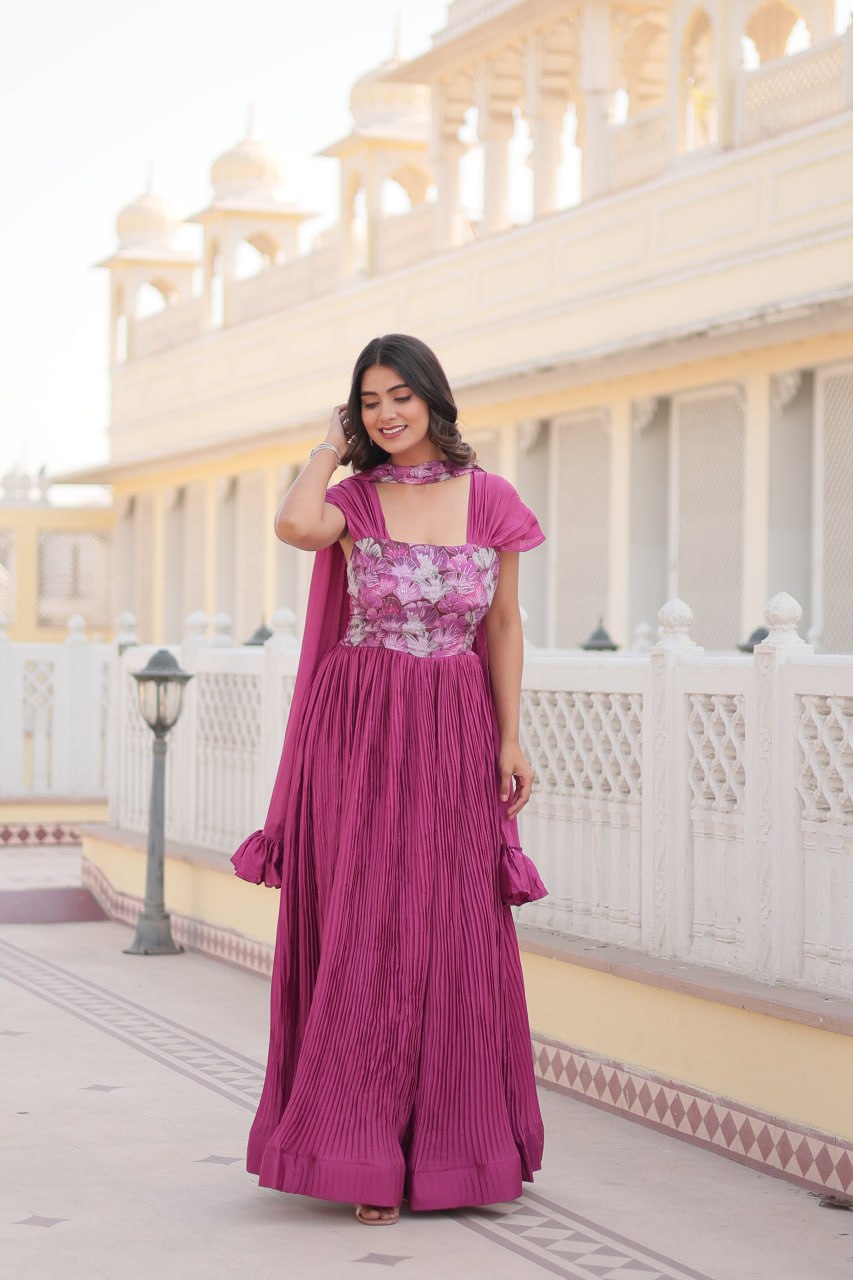 Shanta chinon pink printed anarkali gown set