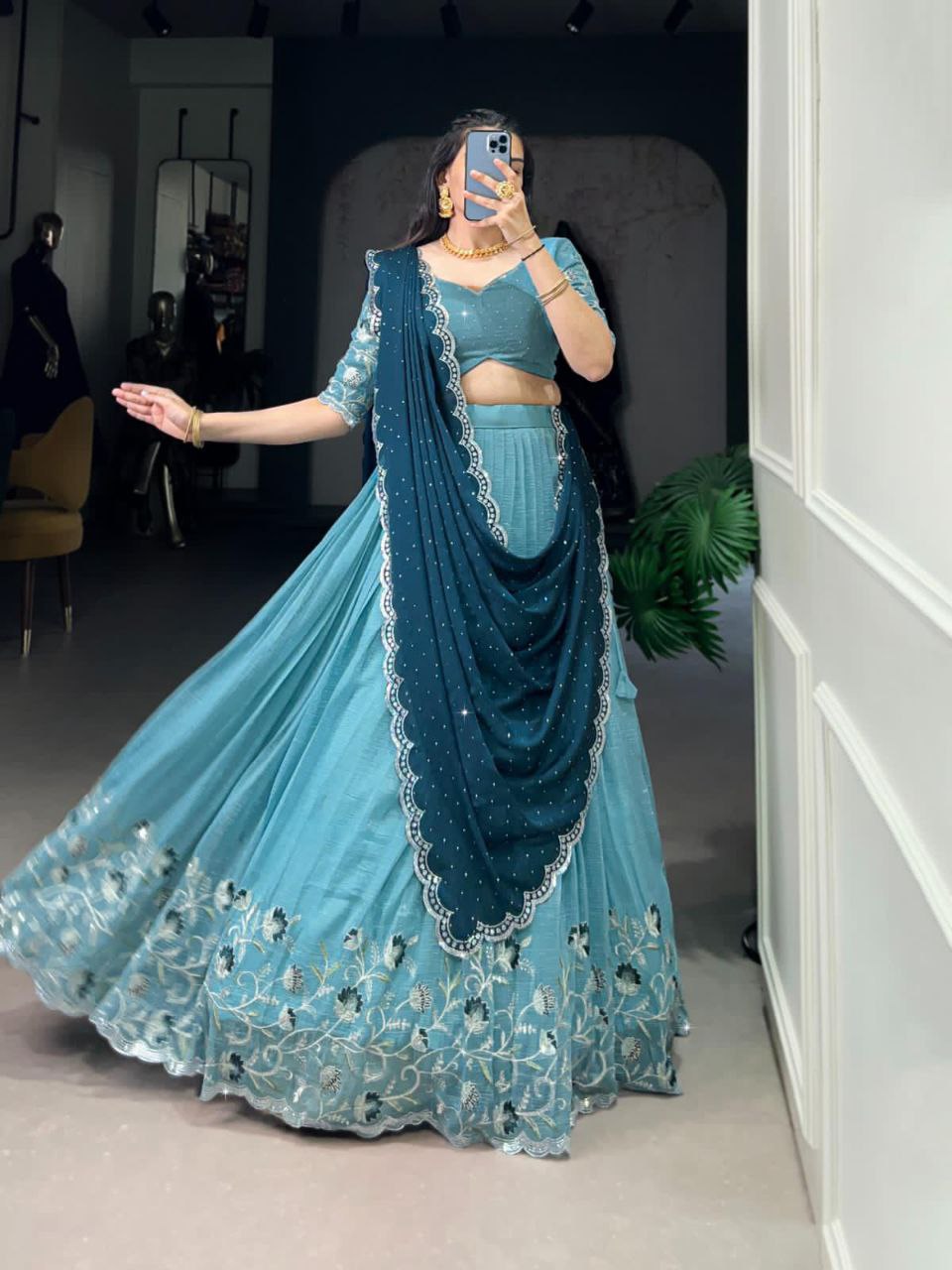 Sky blue silver glossy embroidered hotfix work lehenga choli