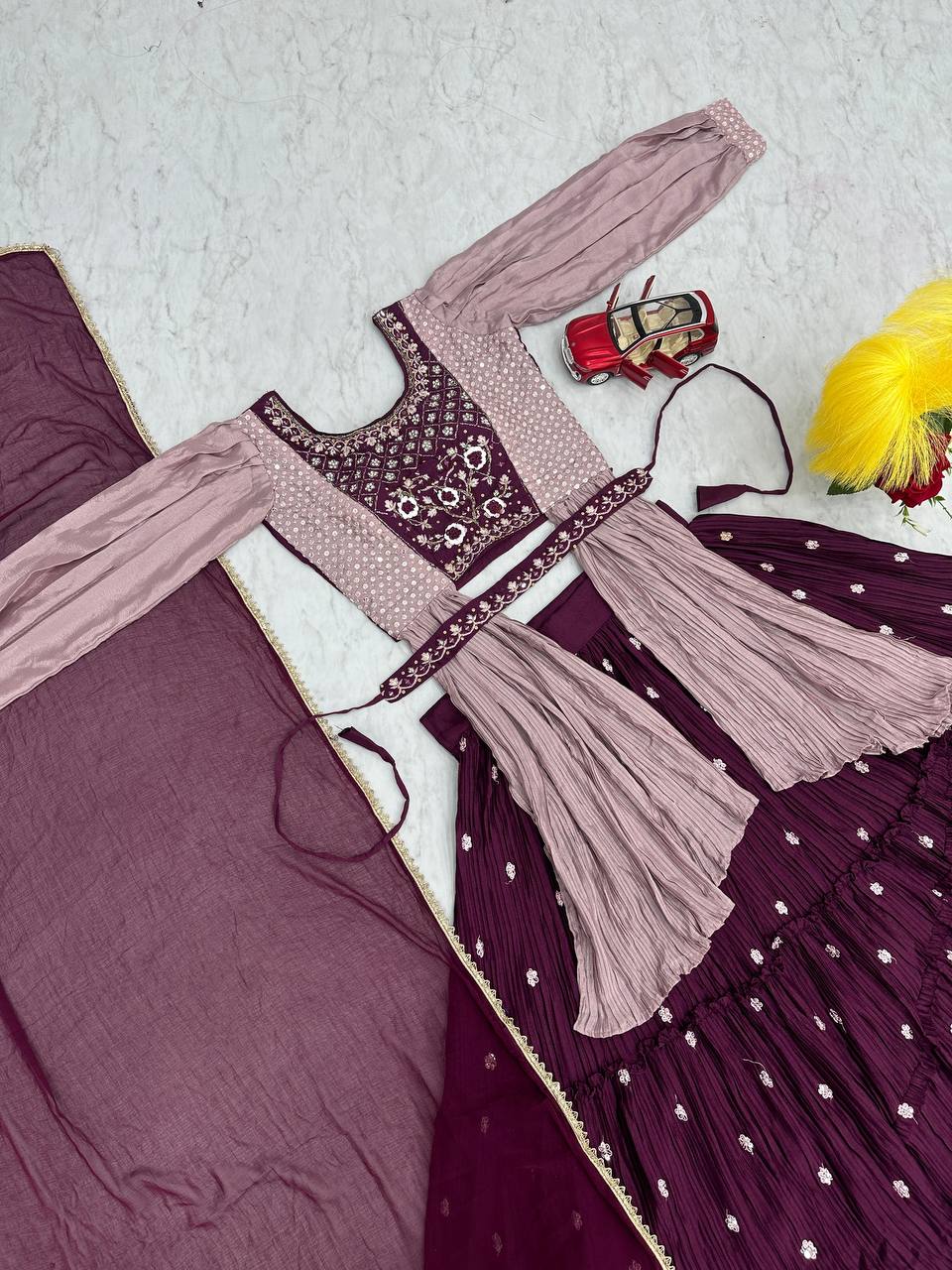 Malti wine color chinon embroidered crop top lehenga with nazmin dupatta and belt