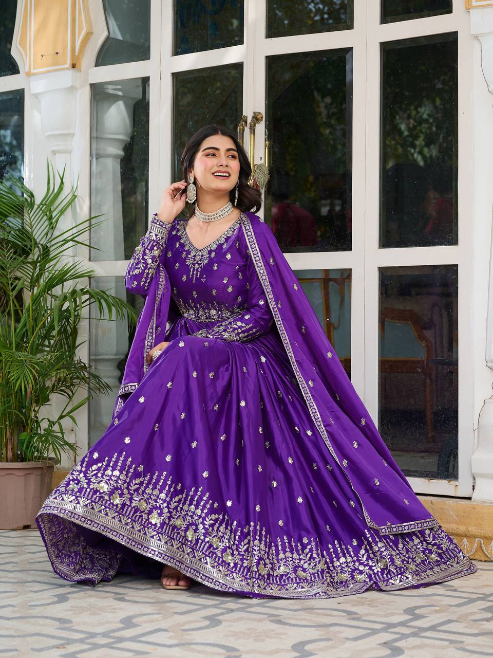Meghnita Anarkali suit in American Silk with thread & sequin embroidery, padded gown, stitched pant & dupatta—perfect for weddings & festive wear.