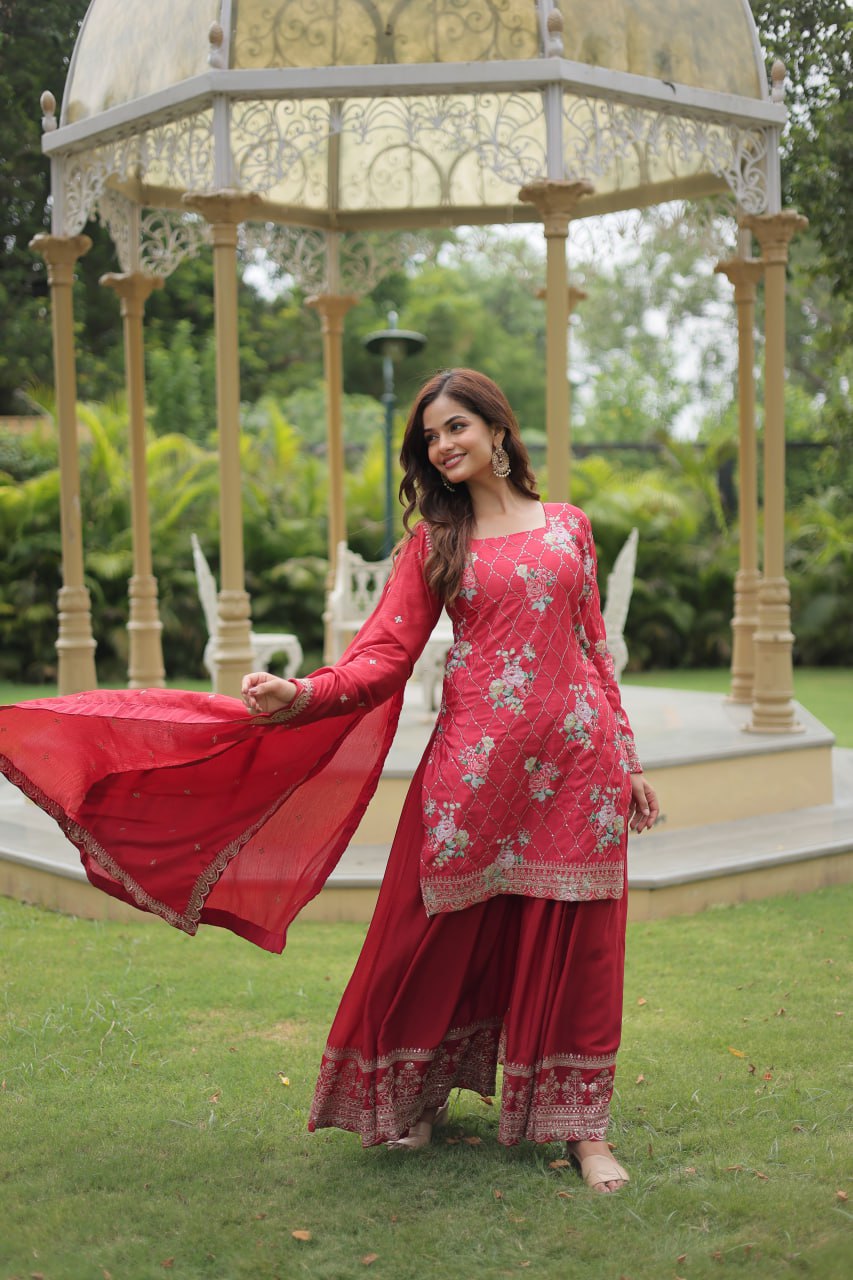 Medhasvi pink chinon embroidered kurti sharara set