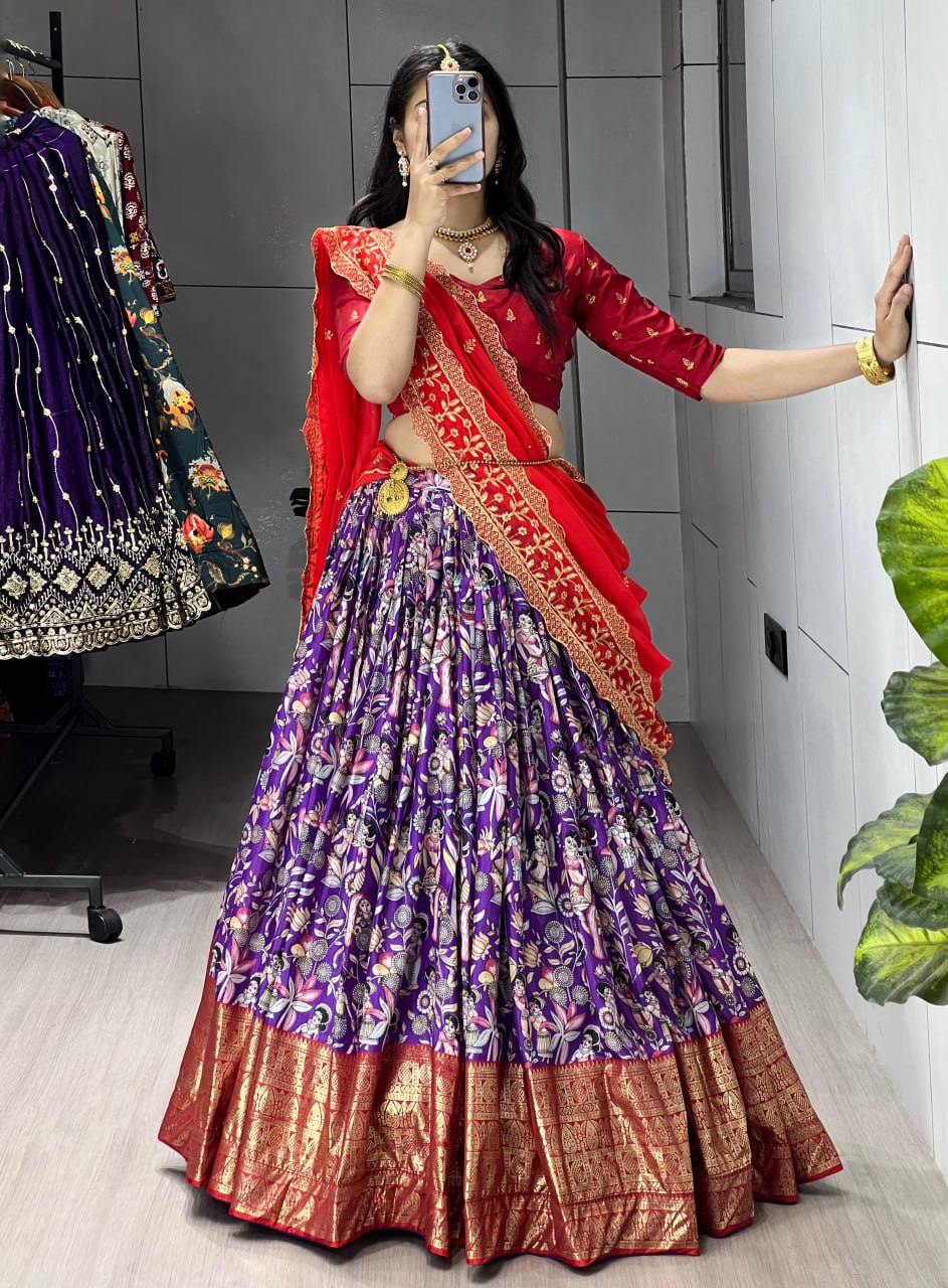 Purple Kalamkari soft dola silk half saree lehenga with embroidered dupatta