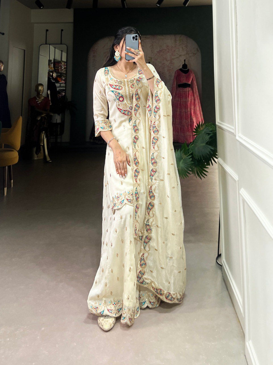 Aanvi off white vichitra silk embroidered kurti sharara set