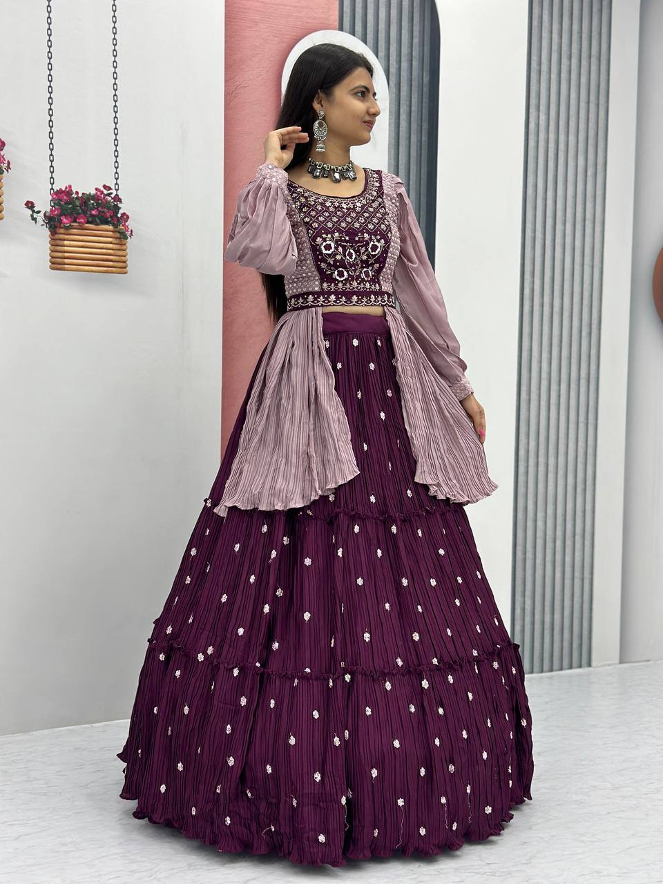 Malti wine color chinon embroidered crop top lehenga with nazmin dupatta and belt