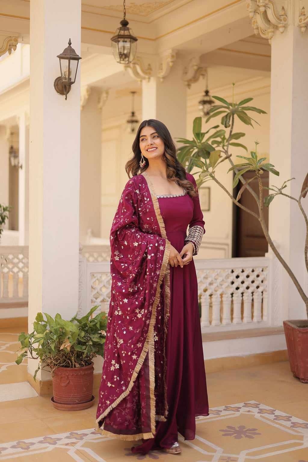 Magenta Vichitra silk Aparajita designer Anarkali gown