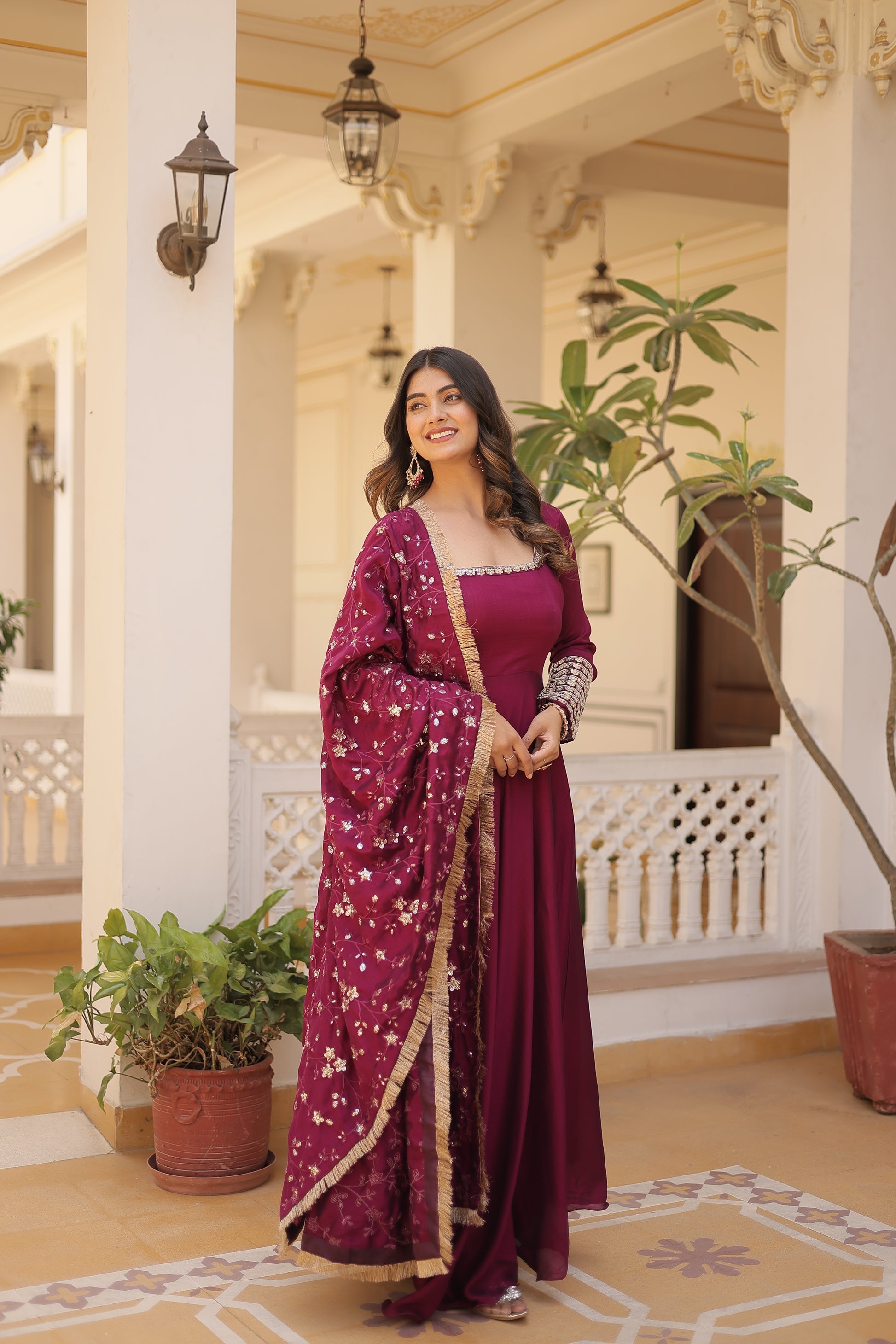 Magenta Vichitra silk Aparajita designer Anarkali gown