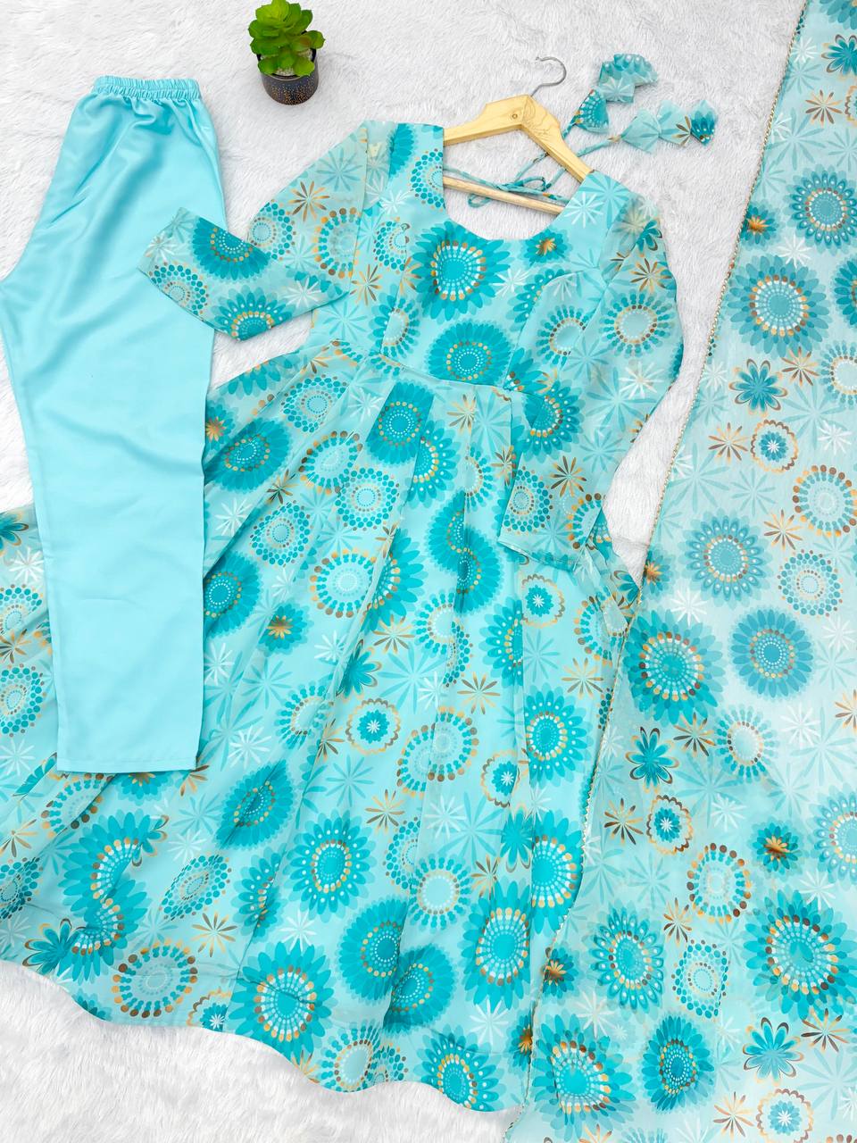 Sky blue georgette floral printed Anarkali suit for women